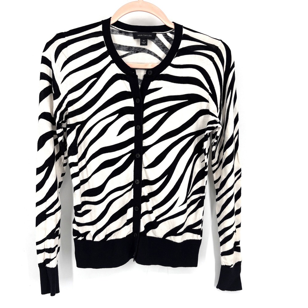 Ann Taylor Cardigan Women XS Black White Zebra Print Cotton Button Front